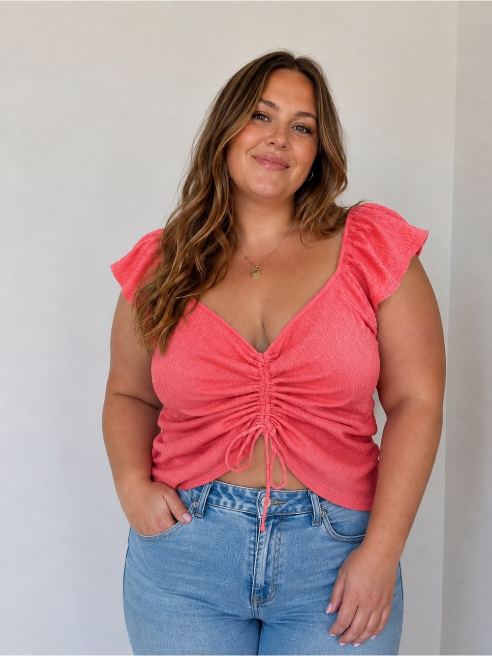 A. Byer Coral Ruched Cap Sleeve Top